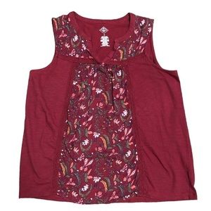 ST. JOHN’S BAY Cotton Burgundy & Coral Floral Sleeveless V-Neck Top- Size Medium